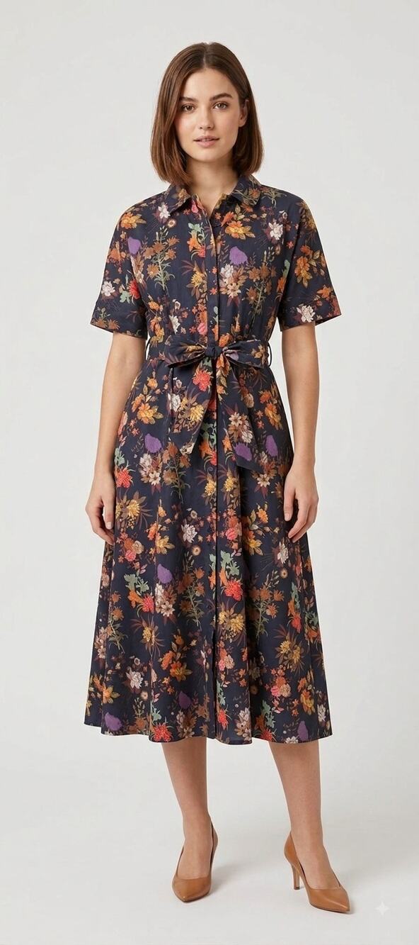 BURU Cotton Navy Floral Waist Tie Midi Dress New Small